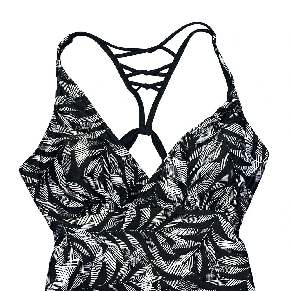 Prana Womens One Piece Swimsuit Black White Leaf Print Strappy Lattice Back M